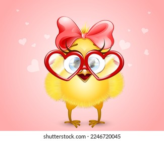 Funny cartoon little in love chick girl with red bow and heart shape eyeglasses