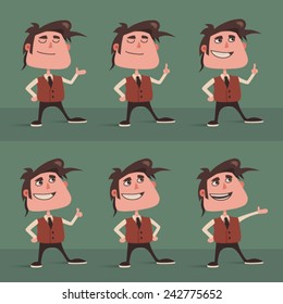 Funny cartoon little man standing and explaining something, vector illustration, set of different poses