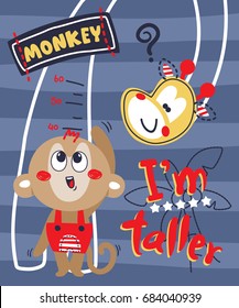 Funny cartoon, little monkey boy standing next to height markers on giraffe on striped background illustration vector.