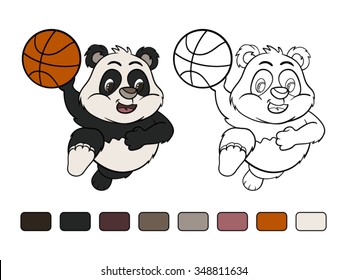 Funny cartoon little panda in a jump with  ball. Coloring book