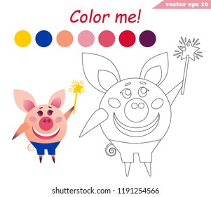 Funny cartoon little pig with blue shorts is holding a magic stick. Coloring book design. Christmas and New year concept. Isolated illustration. Good for web designs, posters, banners, prints as well.