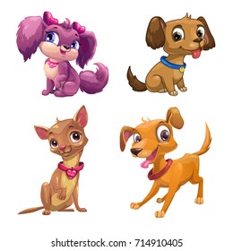 Funny cartoon little puppies set. Vector dog icons, isolated on white background.