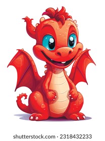 Funny cartoon little red sitting dragon. Vector illustration