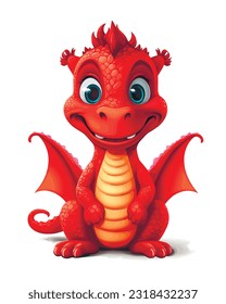 Funny cartoon little red sitting dragon. Vector illustration