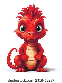 Funny cartoon little red sitting dragon. Vector illustration