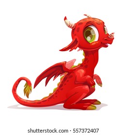 Funny cartoon little red sitting dragon. Vector illustration. Isolated icon on white background.