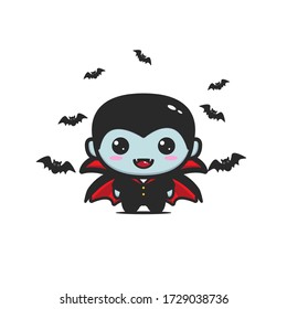 Funny cartoon little vampire, boy wearing Halloween costume, vector illustration