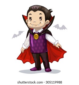 Funny cartoon little vampire, boy wearing Halloween costume, vector illustration