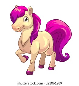 Funny cartoon little white horse with purple hair, isolated on white