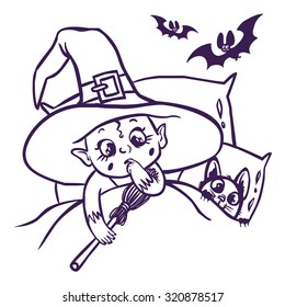 Funny cartoon little witch and her cat.vector