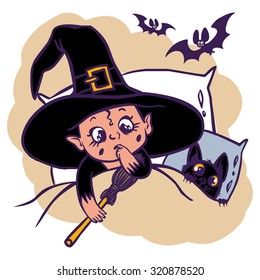 Funny cartoon little witch and her cat.vector