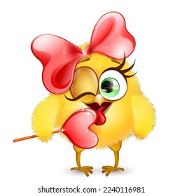 Funny cartoon little yellow chick girl with red bow and licking heart shape lollipop