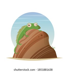 funny cartoon lizard sitting on a rock