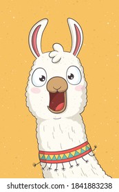 Funny cartoon llama. Hand drawn vector illustration with separate layers.