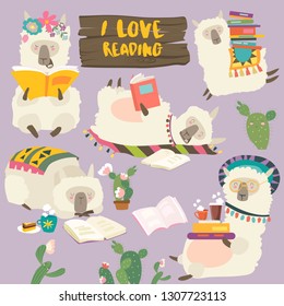 Funny cartoon llamas alpaca reading books. Vector set