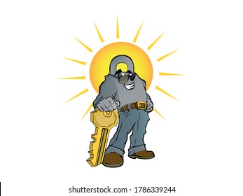 Cerradura divertida de caricaturas y personaje clave Ilustración mascota con un reloj. uso en publicidad, presentaciones, folletos, logotipos, blogs, documentos y formularios, etc.
