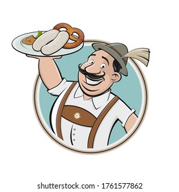 Funny Cartoon Logo Of Bavarian Man Serving Traditional Bavarian White Sausage