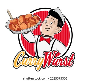 funny cartoon logo of a boy serving German specialty Currywurst