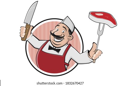 Funny Cartoon Logo Of A Butcher With Steak And Knife