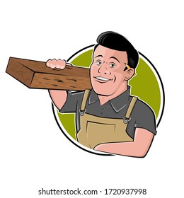 funny cartoon logo of a carpenter in a badge
