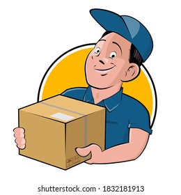 funny cartoon logo of a delivery guy with parcel in a badge