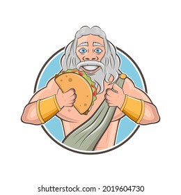 funny cartoon logo of greek god zeus or roman god jupiter with greek specialty gyros