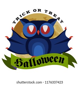 Funny cartoon logo Halloween owl flat poster vector illustration. Magic night-bird hanging upside down on tree branch with spiderweb. Horror party concept. Isolated on white.