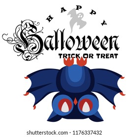 Funny cartoon logo Halloween owl flat poster vector illustration. Magic night-bird hanging upside down on tree branch with spiderweb. Horror party concept. Isolated on white.