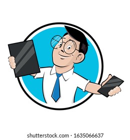 imagen del logotipo de dibujos animados divertidos de un especialista en informática con tablet y smartphone