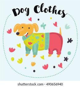 Funny cartoon long Dachshund dressed in colorful clothes. Cute dog in overalls