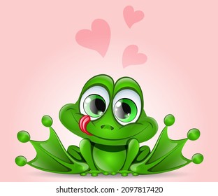 Funny cartoon in love frog with crossed eyes, tongue out and hearts