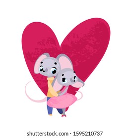 Funny cartoon loving couple of mice. Lovely charming mouse.Vector illustration for t-shirt prints, greeting cards, posters, stickers or decor