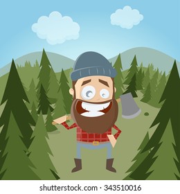 funny cartoon lumberjack in forest