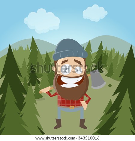 funny cartoon lumberjack in forest