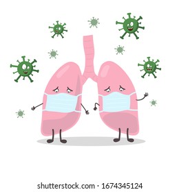 Funny cartoon lungs in a medical face mask and viruses. Hand drawn vector illustration