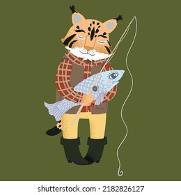 Funny cartoon lynx is fishing. Vector illustration.