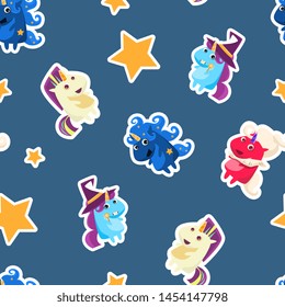 Funny Cartoon Magic Unicorns Seamless Pattern, Funny Flash Drive Cartoon Character, Cute Fantasy Animals on Blue Bacground, Design Element Can Be Used for Fabric, Wallpaper, Packaging Vector