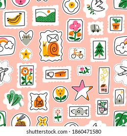 Funny cartoon mail stamps with different cute characters and drawings, vector seamless pattern on pink background