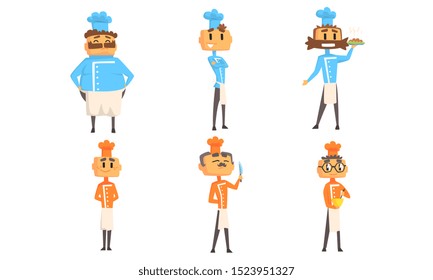 Funny Cartoon Male Chefs Characters Set, Professional Cooks in Uniform Vector Illustration