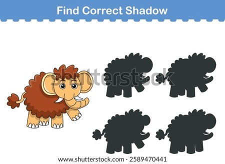 Funny cartoon mammoth. find the correct shadow. Kids Education games. Cartoon vector illustration