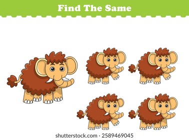 Funny cartoon mammoth. Find same pictures. Educational game for children. Cartoon vector illustration