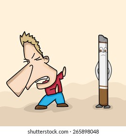 Funny cartoon of a man avoiding cigarette for No Smoking Day concept.