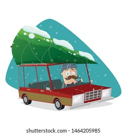 funny cartoon man bringing home the christmas tree