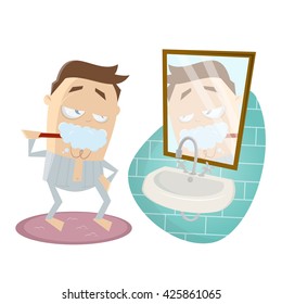 funny cartoon man brushing his teeth