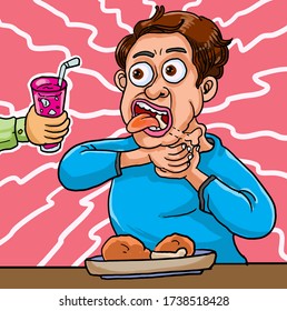 Funny cartoon man choking chicken bone in the throat