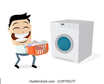 funny cartoon man with dirty laundry and washing machine