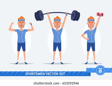 Funny Cartoon Man Doing Sports Exercises with Dumbbell and Barbell - Vector Set