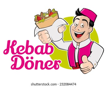 Funny Cartoon Man With Doner And German Text That Means Kebab Doner