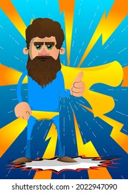 Funny cartoon man dressed as a superhero making thumbs up sign. Vector illustration.