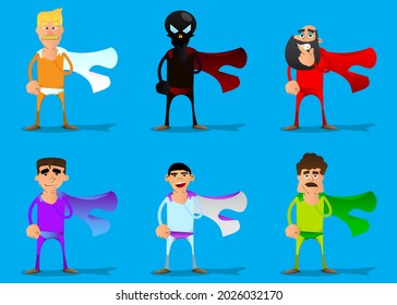 Funny cartoon man dressed as a superhero holding finger under his mouth. Vector illustration.